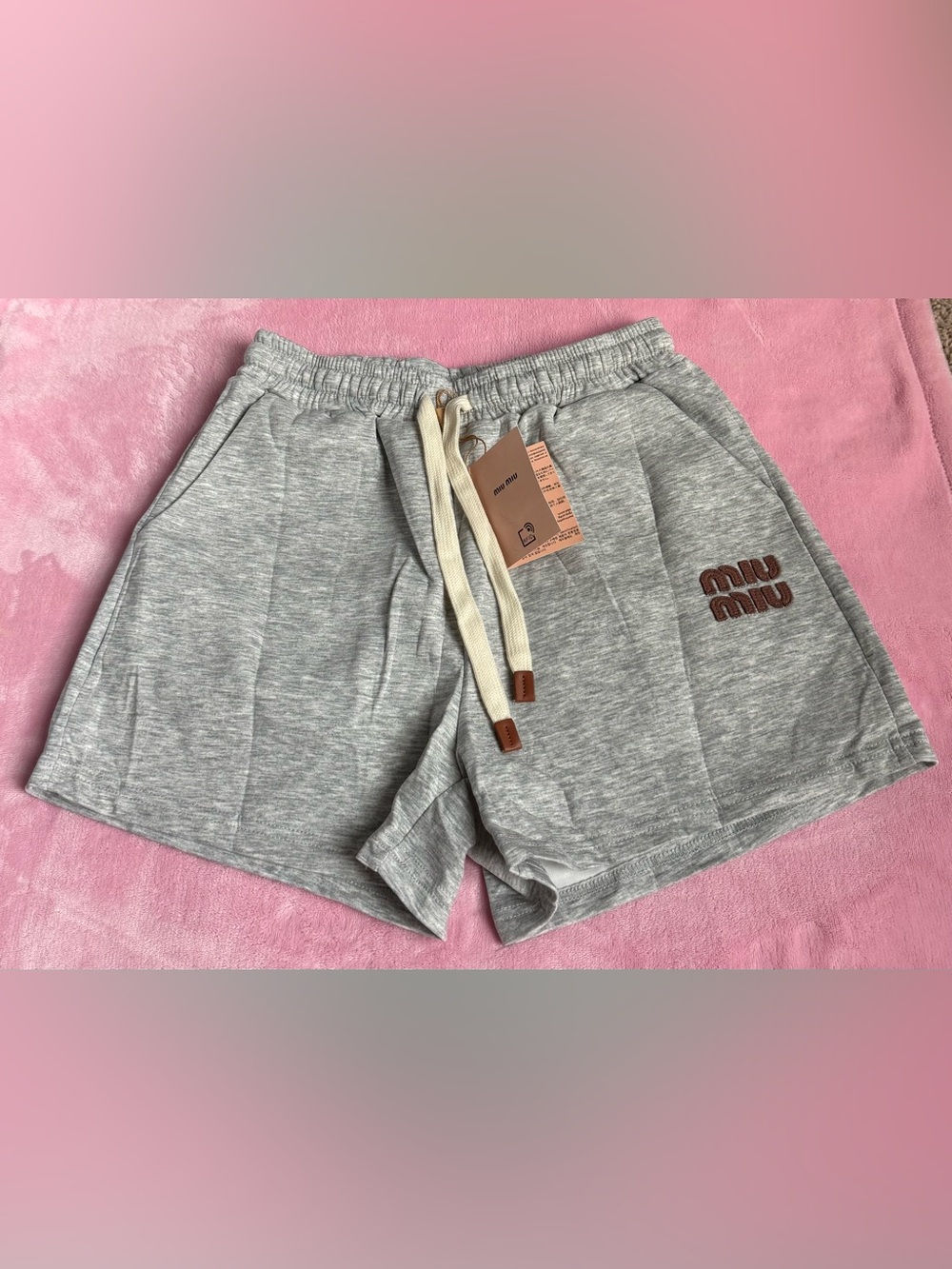 Miu Miu Light Heather Gray Cotton Drawstring Shorts with Cream Tie